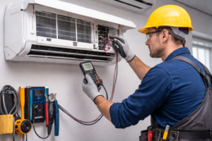 Eletricista verificando ligação elétrica de ar-condicionado durante instalação