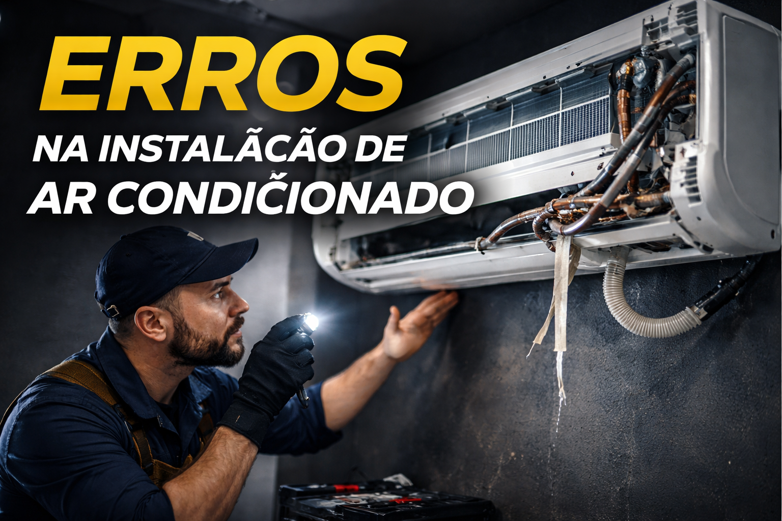 Erros na instalação de ar condicionado split com foco técnico e acabamento inadequado