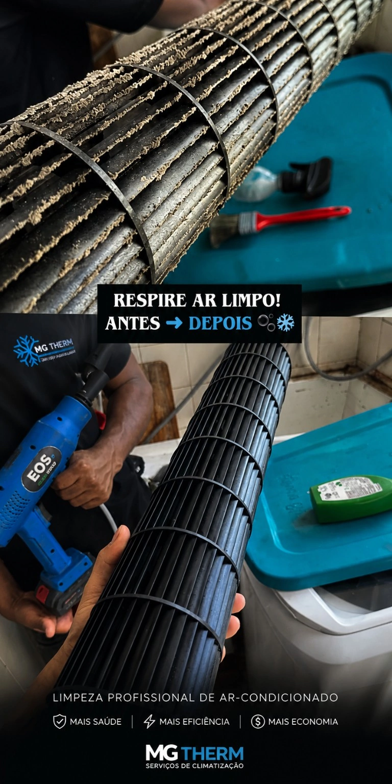 Antes e depois da limpeza de turbina de ar condicionado pela MG THERM